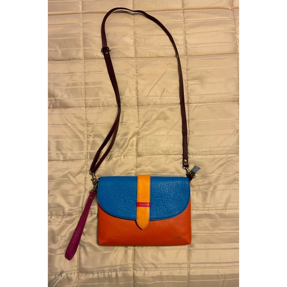 Soruka Recycled Leather Colorblock Crossbody Wristlet Bag Orange Blue Navy